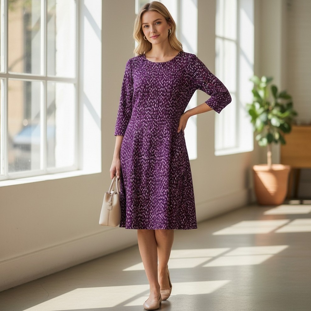 Mix by 41 Hawthorn Arava Knit Dress Purple Abstract Print Pockets 3/4‎ Sleeve M